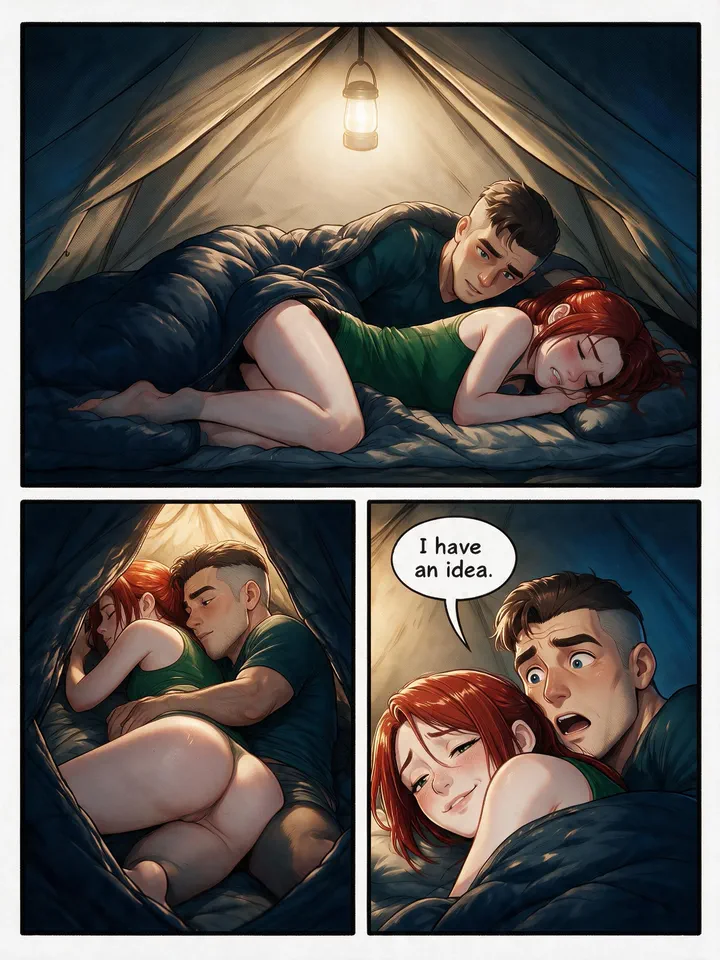 Adult comic scene inside a tent