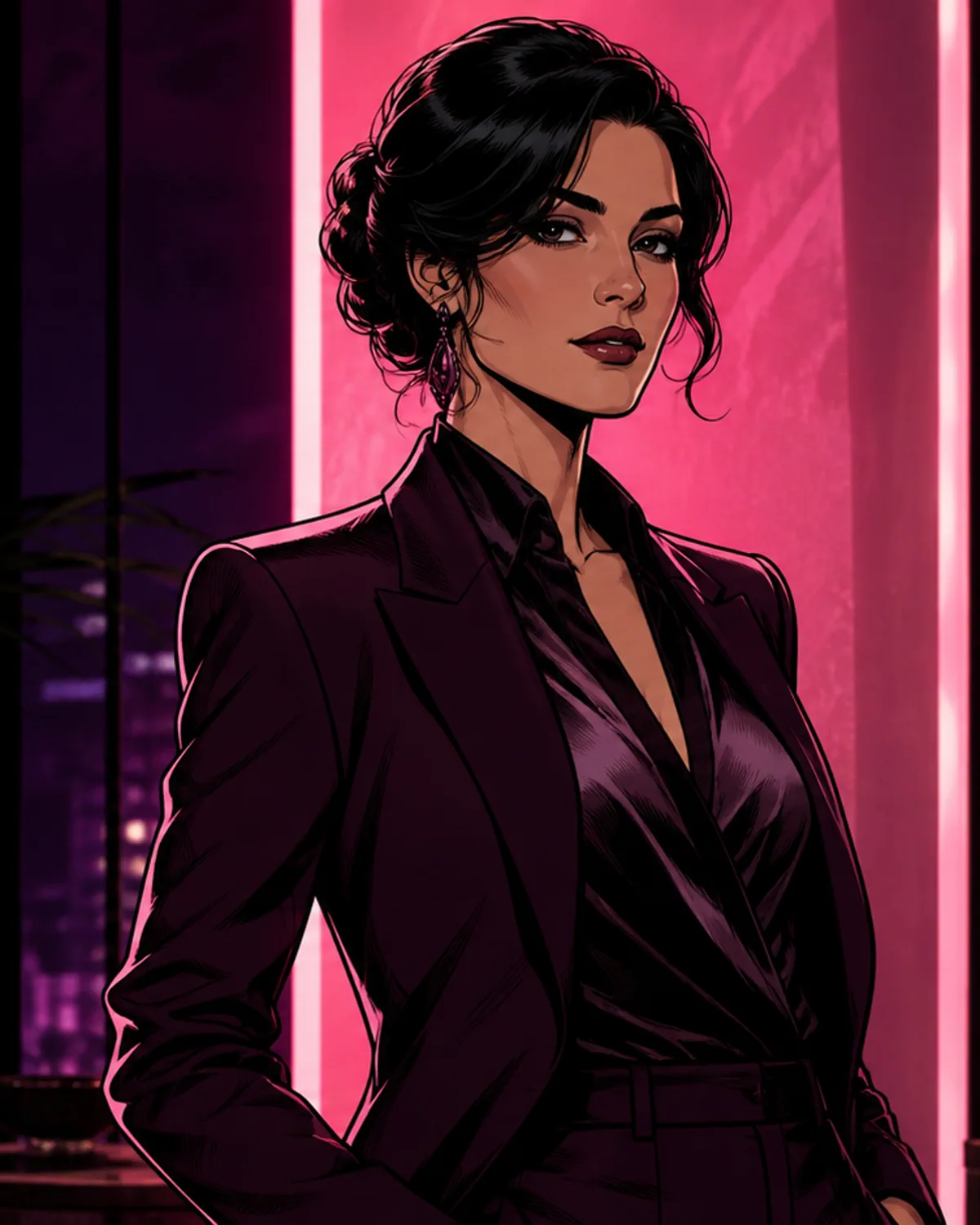 Original fictional adult comic character in a night setting