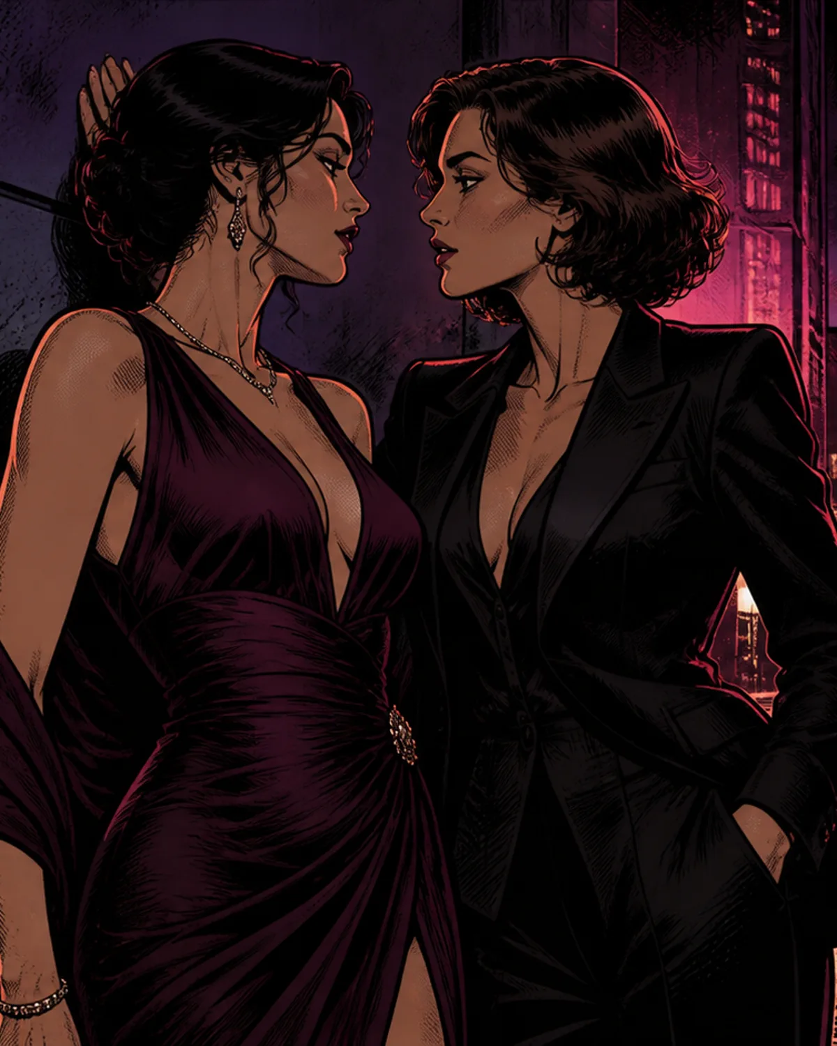 Fictional adult comic characters in an atmospheric city scene